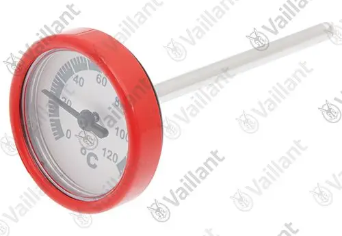 Thermometer mit rotem Gehäuse und Messskala bis 120 °C, Hersteller Vaillant, mit einem langen, geraden Metallfühler zur Temperaturmessung.